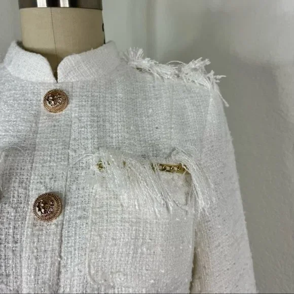 Luxdress Chunky Chain Fringe Button Front Long Sleeve Tweed Mini Dress - Picture 4 of 10